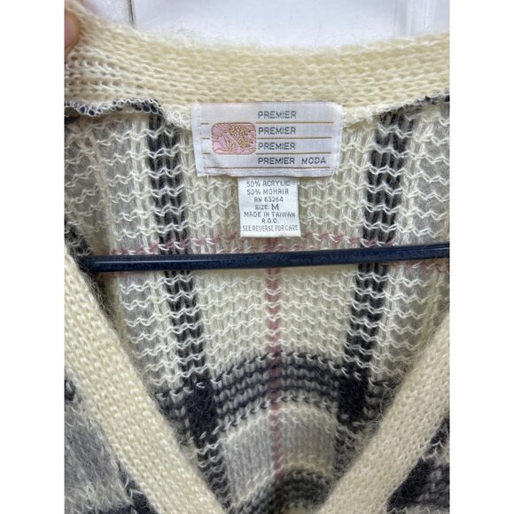 Vintage Premier Cardigan Fuzzy Mohair Plaid Preppy Academia Cream Pink Gray M - Picture 3 of 5